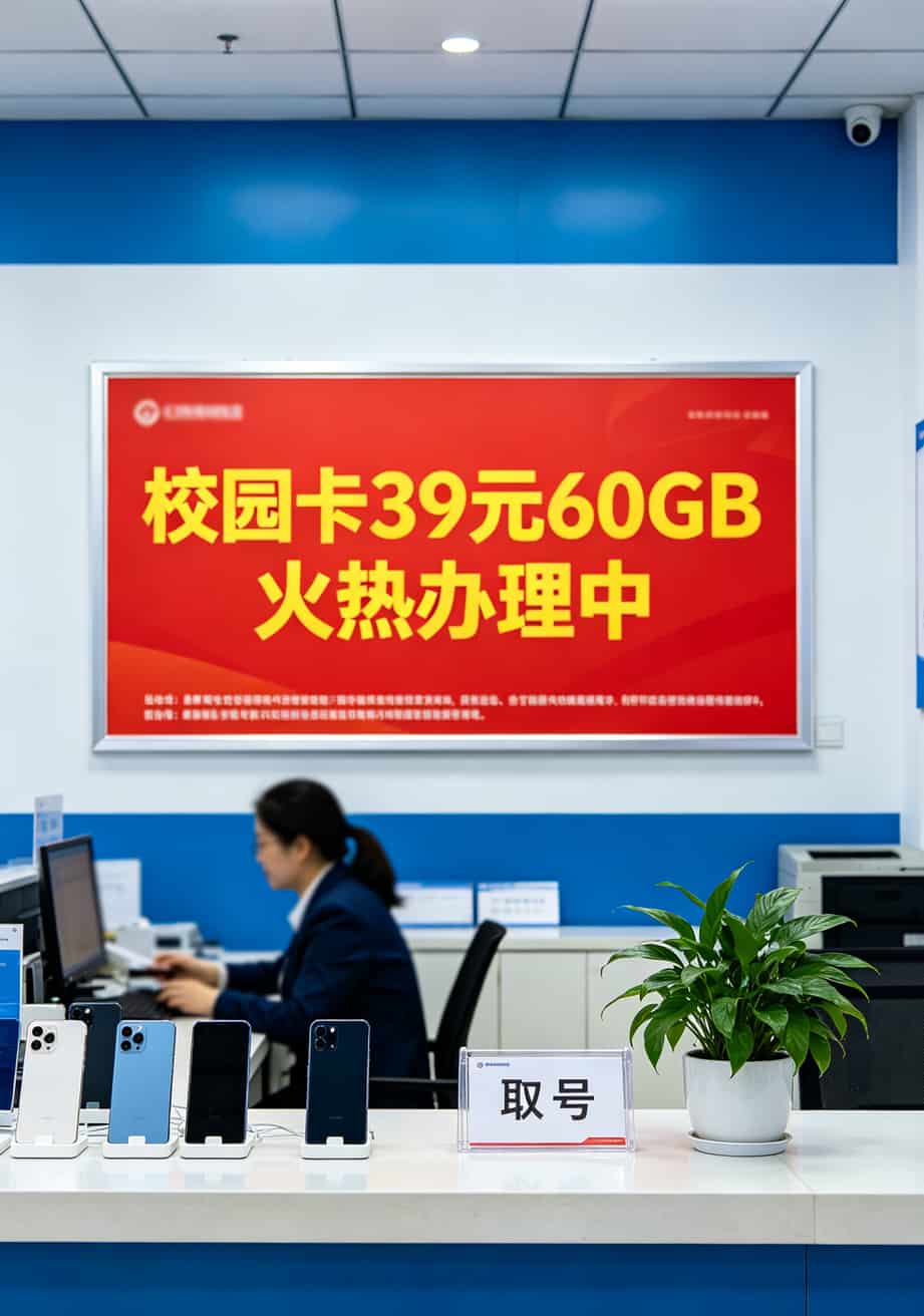 跑了三趟营业厅,终于搞懂办理移动流量卡哪个最划算了(附10个野路子) 某运营商营业厅内资费海报照片,墙上海报写着“校园卡39元60GB火热办理中”