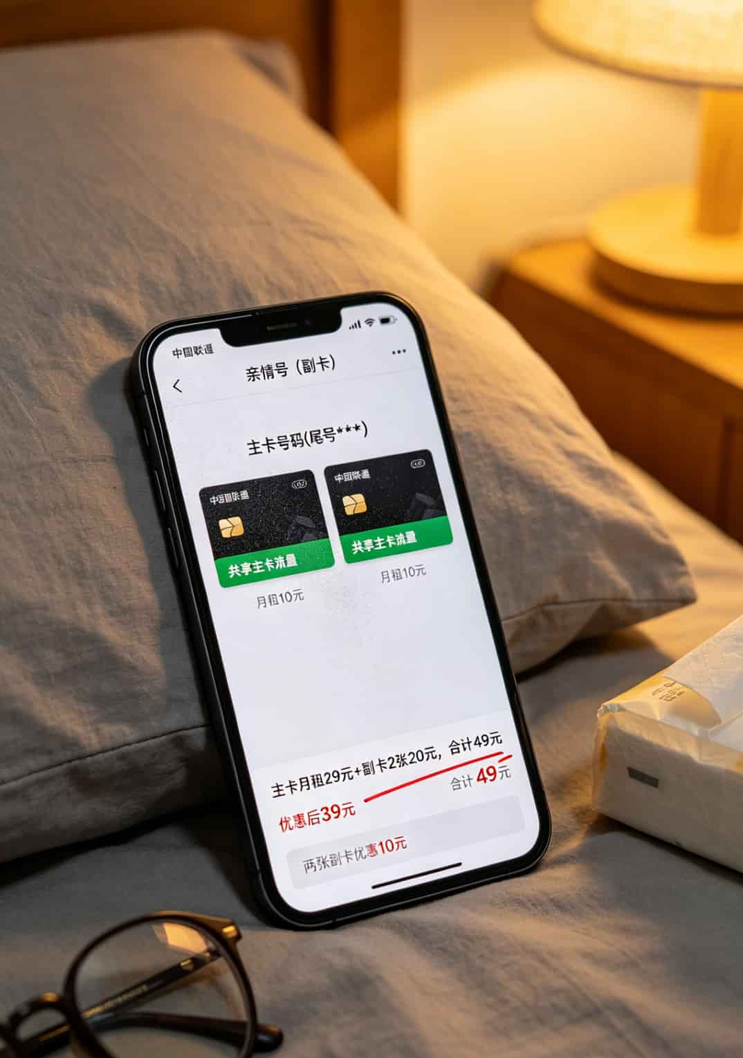 运营商App亲情号管理界面截图，显示主卡加挂2张副卡，月租39元
