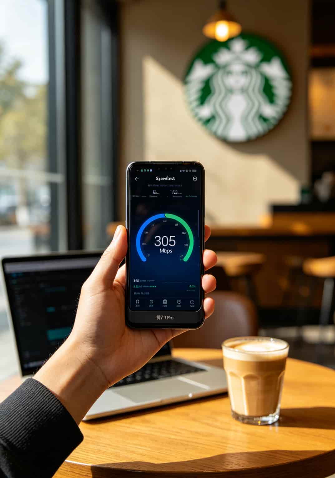 搜遍全网办流量卡网址,不如先看这篇:赞随身WiFi激活/套餐/信号全避坑(附真人实测) Z3 Pro在星巴克测速截图,显示下载305Mbps