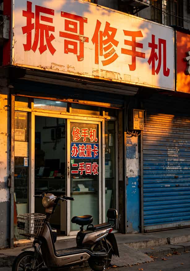 张振的数码维修店门口，招牌写着“振哥修手机”