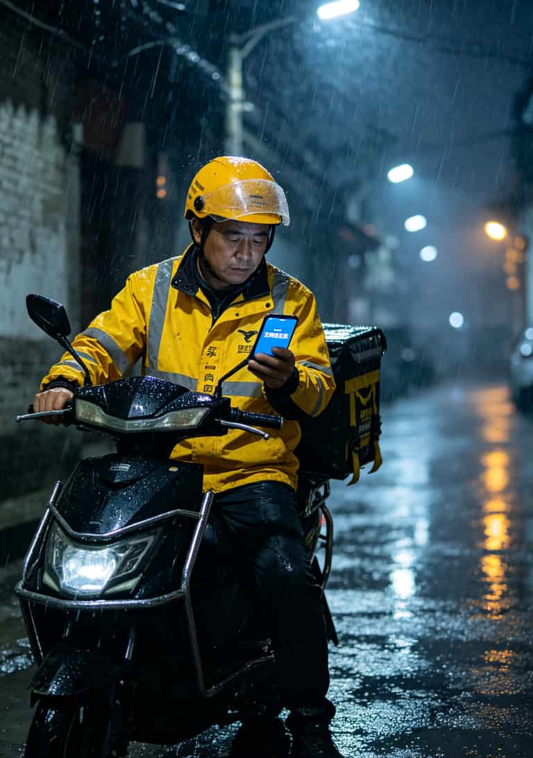 郑州外卖员在雨中看手机，屏幕上显示无网络连接