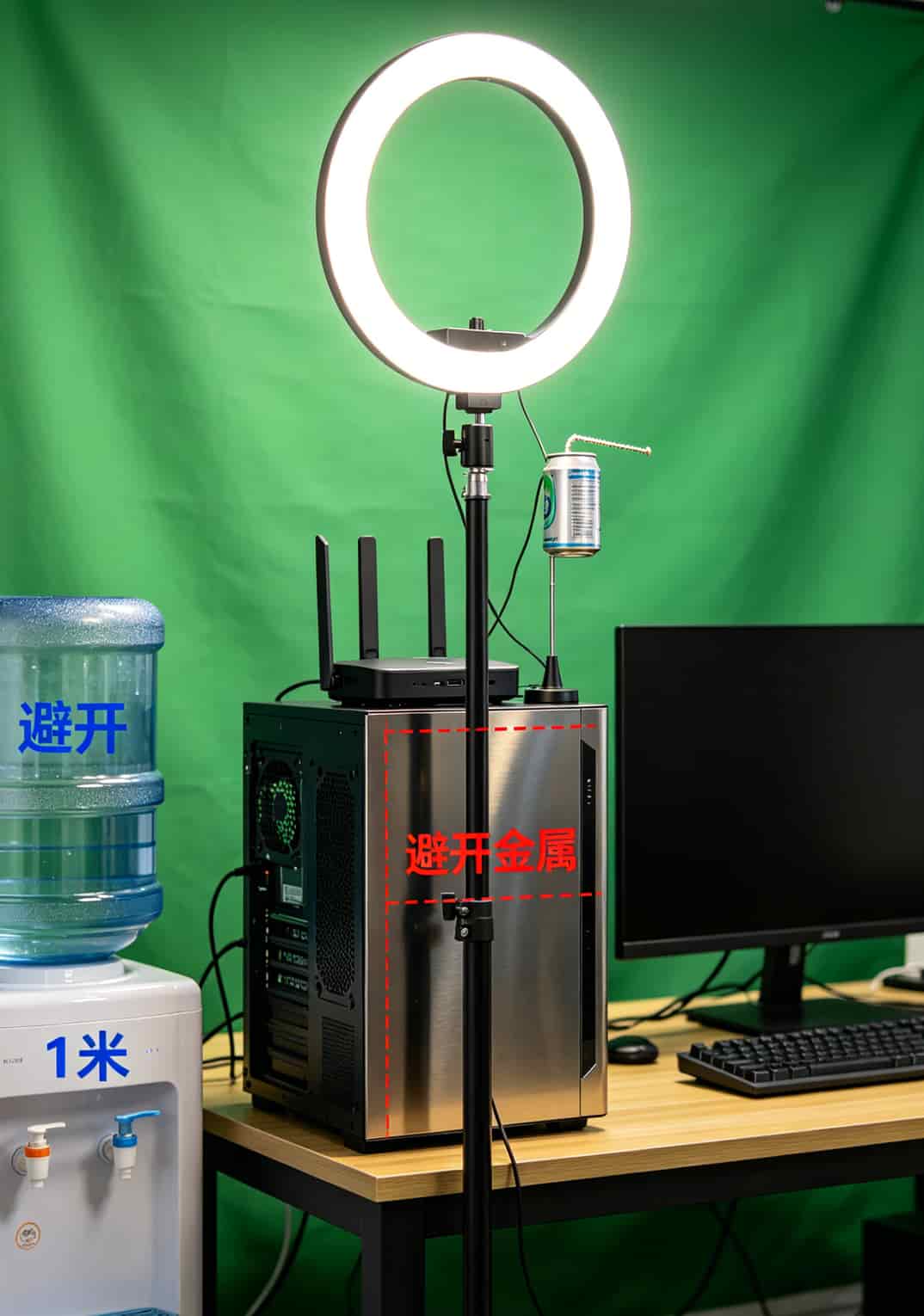 直播间设备摆放位置示意图，标注1.2米高度和避开金属/水源