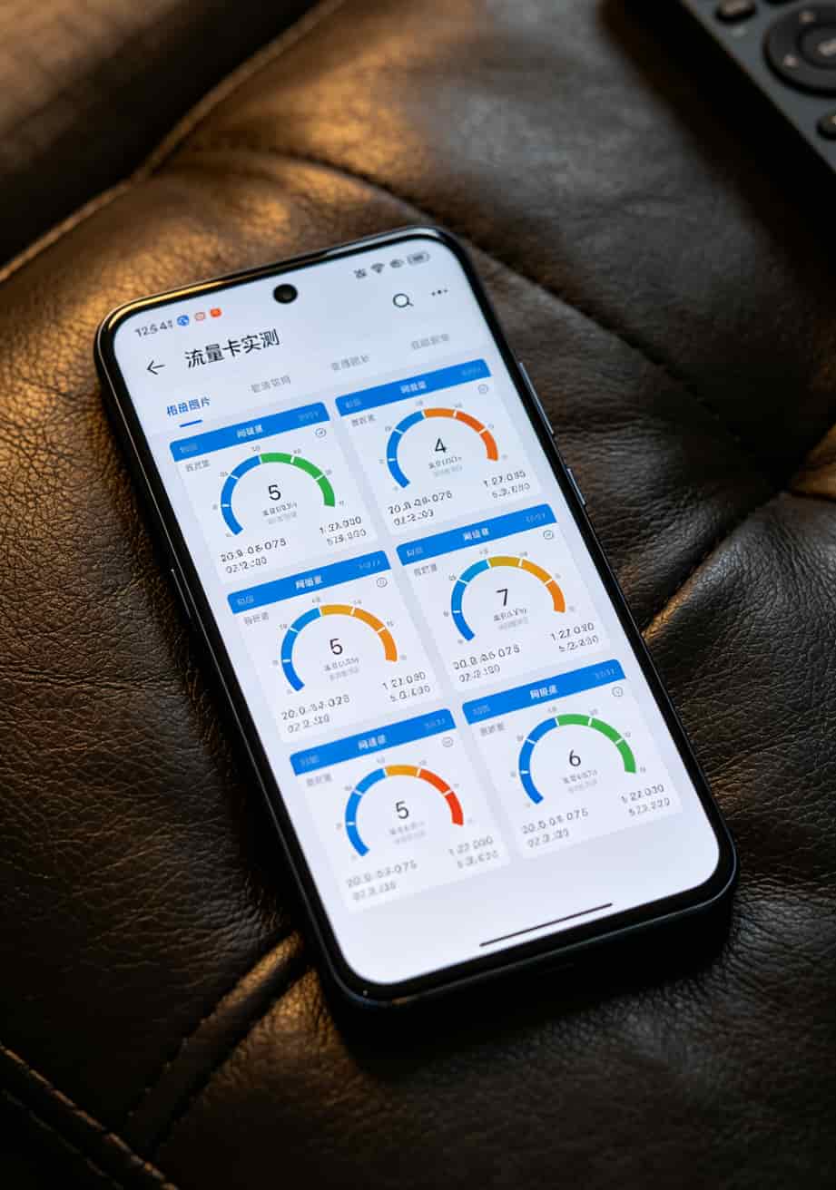 手机相册截图显示“流量卡实测”文件夹内含多张网速测试截图