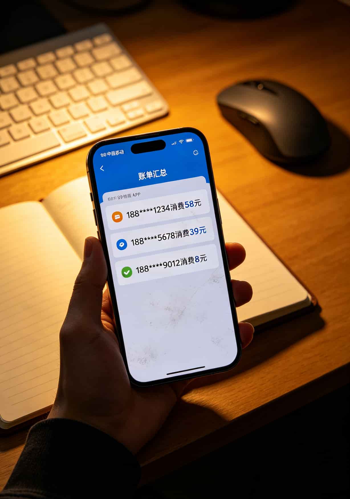 中国移动139邮箱APP界面，显示三张绑定号码的账单汇总