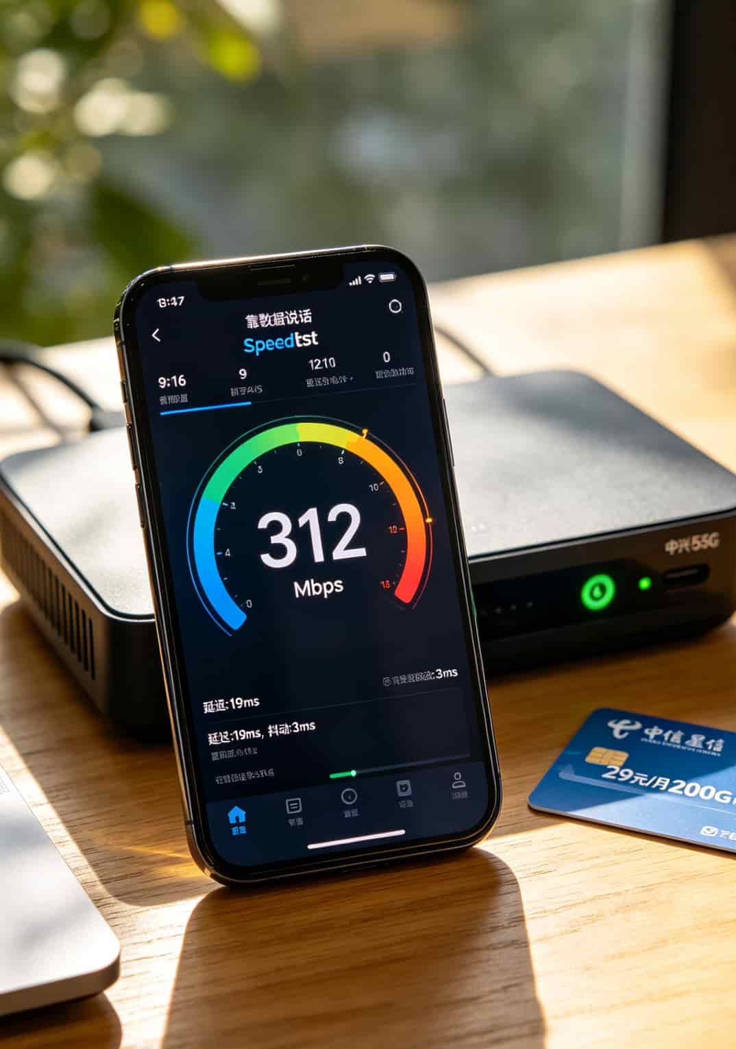 中兴F55G插电信星卡测速达到312Mbps的速度截图