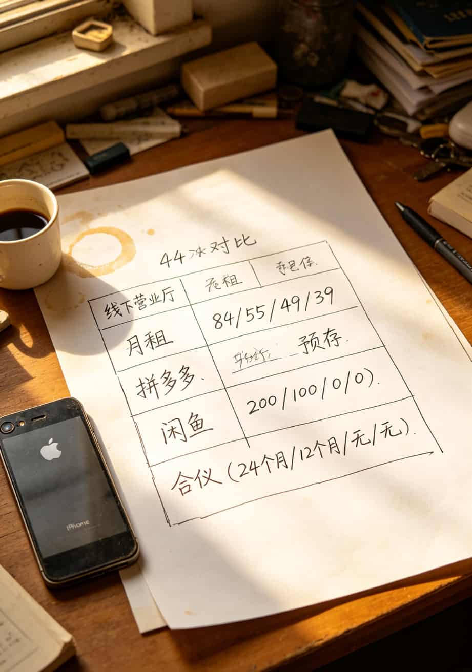 一张对比表格截图，列出线上线下不同渠道的月租、预存金额、合约期