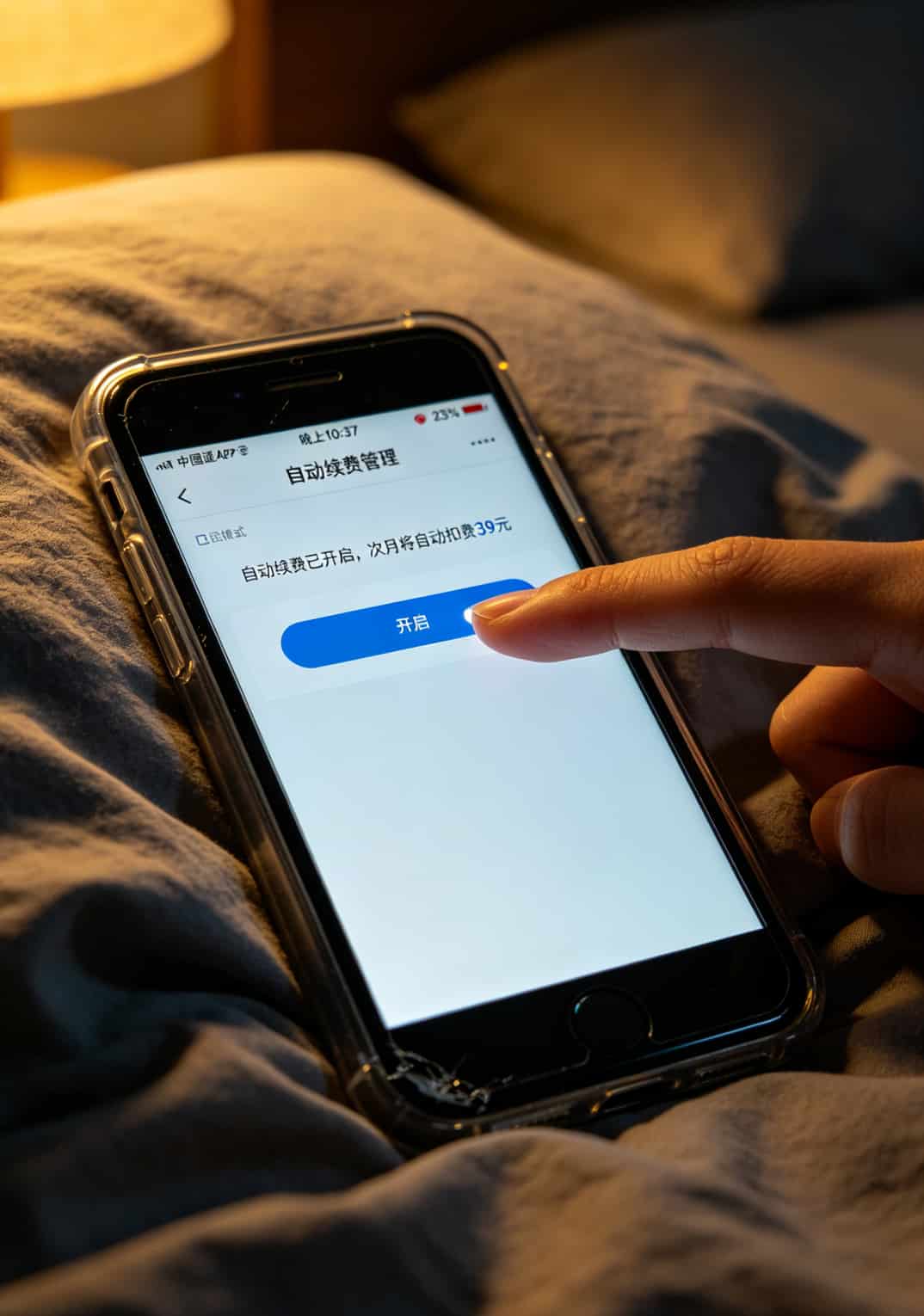 联通APP自动续费管理界面截图，箭头指向关闭按钮