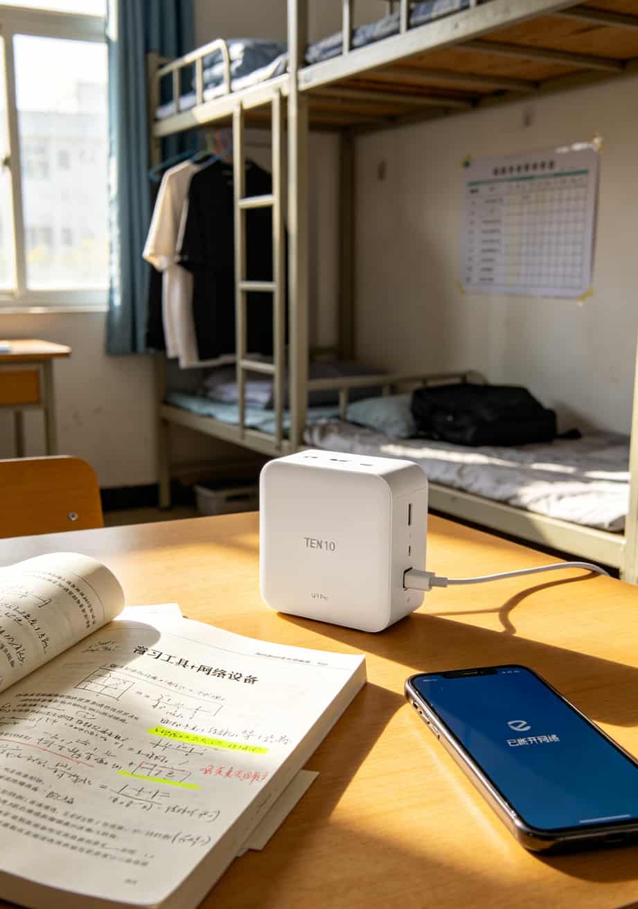 中兴U10 Pro随身WiFi在学生宿舍桌面上，旁边是课本和手机